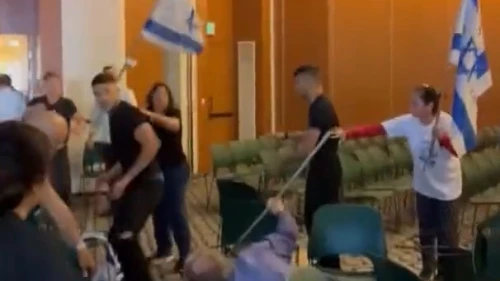 Anti-judicial reform protesters and hotel security and staff clash at the Pastoral Hotel in Kfar Blum, Israel, May 15, 2023. Source: YouTube.