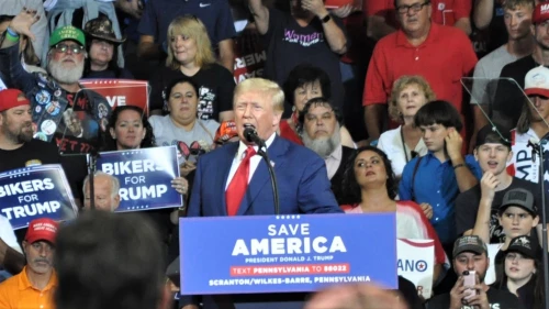 Former President Donald Trump holds a rally for supporters in Wilkes-Barre, Pa., on Sept. 3, 2022. Source: Twitter/Mohegan Sun Arena.