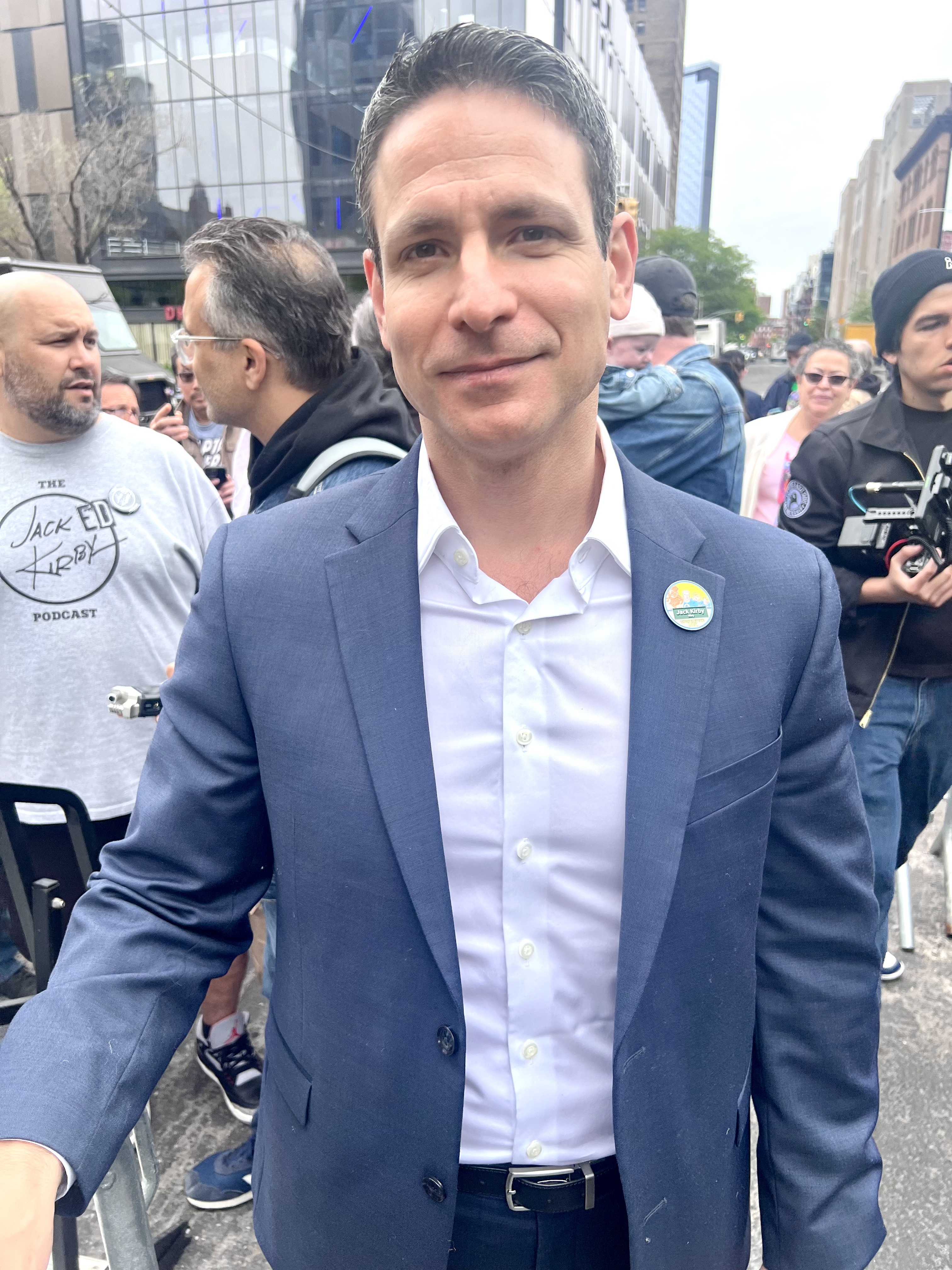 Roy Schwartz, a board member of the American Jewish Historical Society, at the dedication of "Jack Kirby Way" in Manhattan, New York City, May 11, 2026. Photo by Debra Nussbaum Cohen.