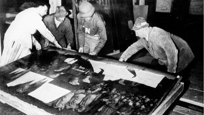 The central panel of the Ghent Altarpiece rescued from a cache of Nazi-looted art in Altaussee, Austria in July 1945. Source: U.S. National Archives and Records Administration