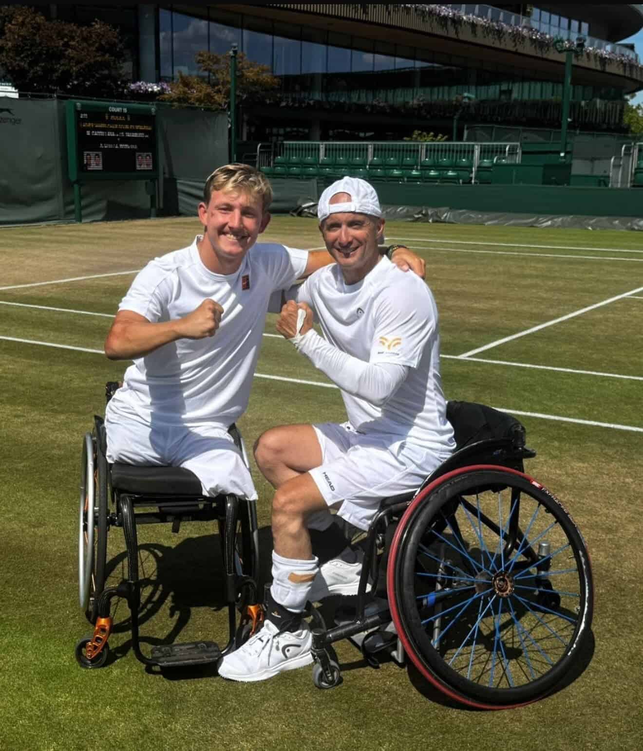 Israeli wheelchair tennis star Guy Sasson and his Dutch partner, Niels Vink, at Wimbledon, July 10, 2025. Credit: Courtesy.